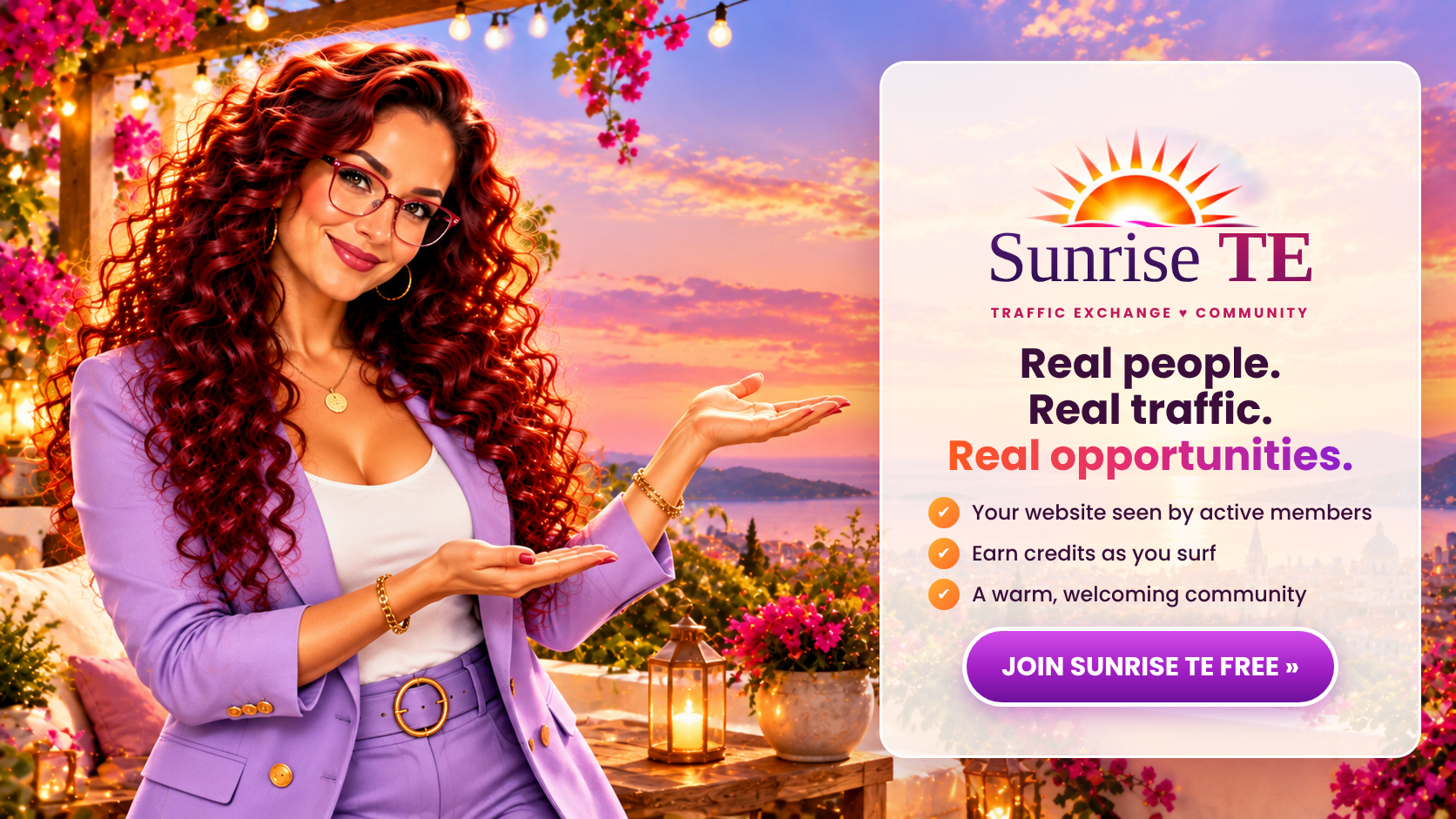 Real people, real traffic, real opportunities. Join Sunrise TE free.